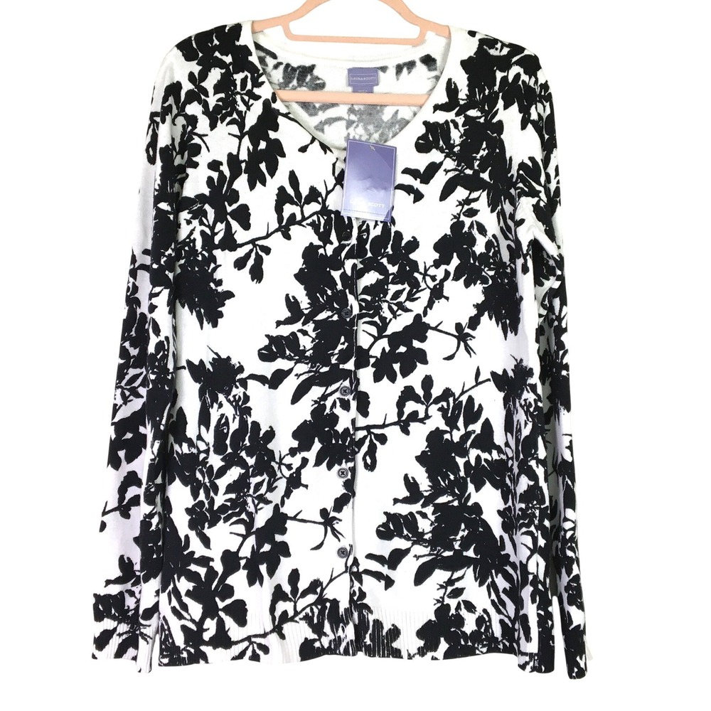Laura Scott Floral Print Button Front Cardigan Sweater Size M White Black